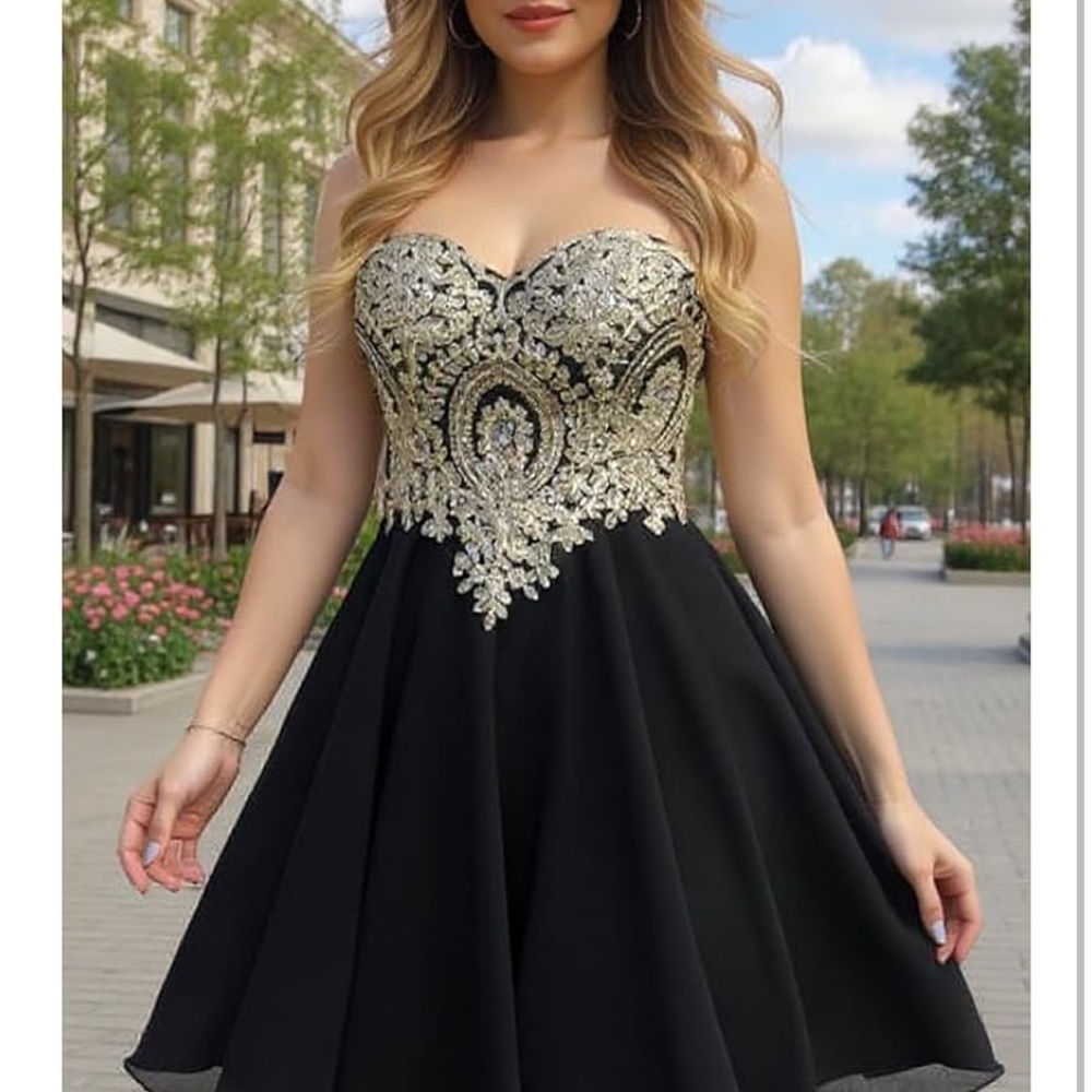 Strapless Black Party Dress with Gold Embroidered Bodice - Picture 2 of 5